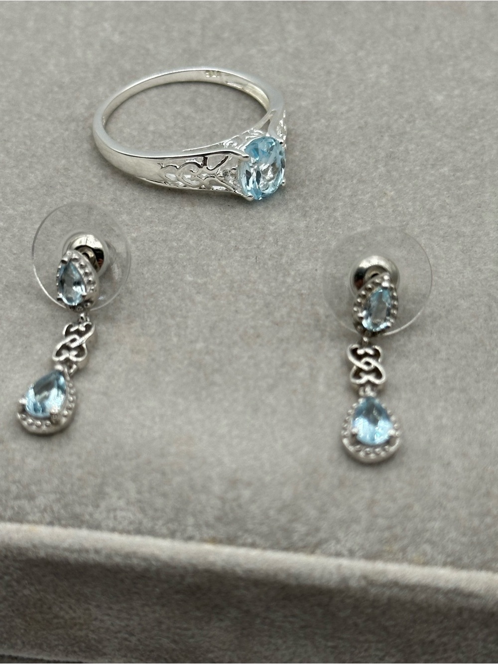 926 Sterling Silver Blue Topaz Teardrop Ring and Drop Earrings Set
